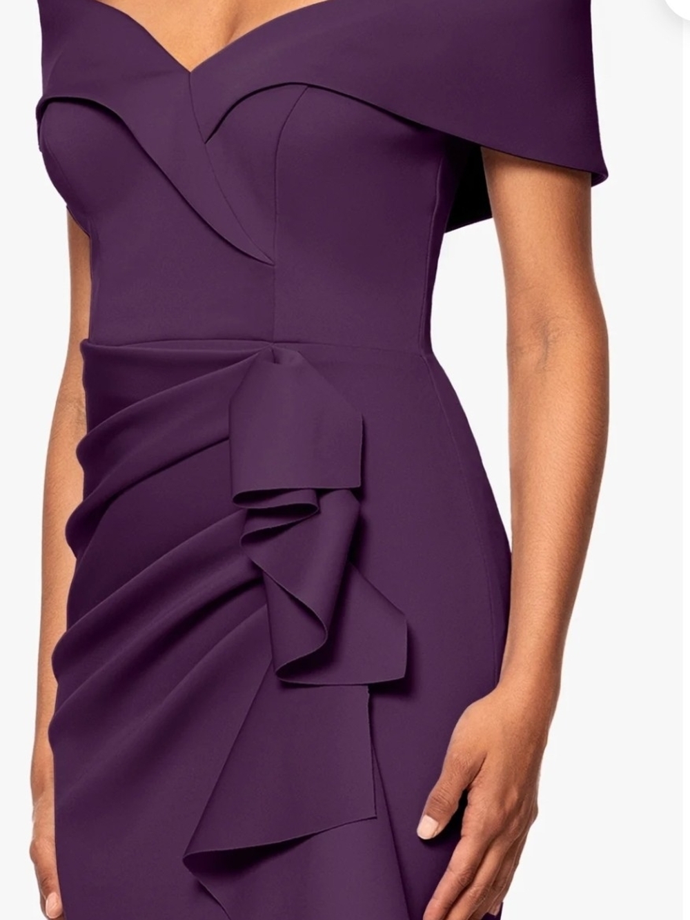 Xscape Dress Off-Shoulder Ruffle Gown Purple Patti Techno Scuba Size 16 - Picture 2 of 12